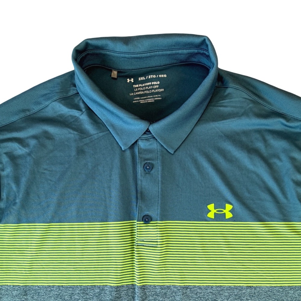 Under Armour Playoff Polo Mens 2XL Teal Green Striped HeatGear Golf Shirt 2.0